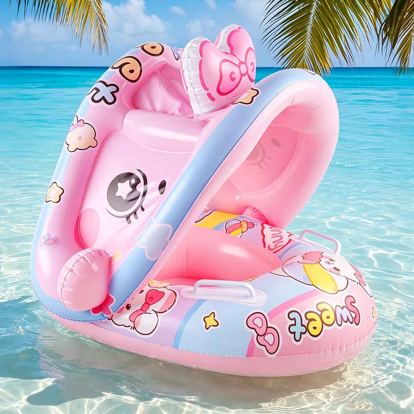 Pool Float Ring Inflatable - ที่นั่งลอยน้ำเป่าลม 1 ชิ้น พร้อมหลังคาพักพิงและที่จับ วัสดุ PVC