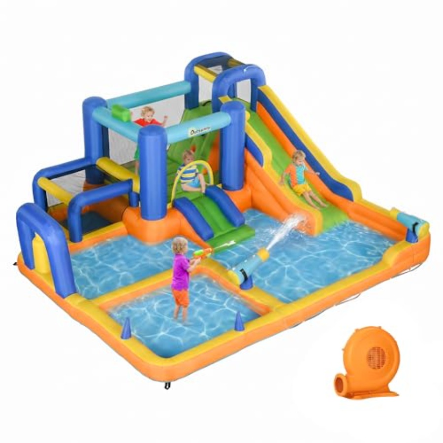 Water Slide Inflatable - สไลเดอร์น้ำเป่าลม 7-in-1 พร้อมเครื่องเป่าลม 450W สำหรับเล่นกลางแจ้ง วัสดุ
