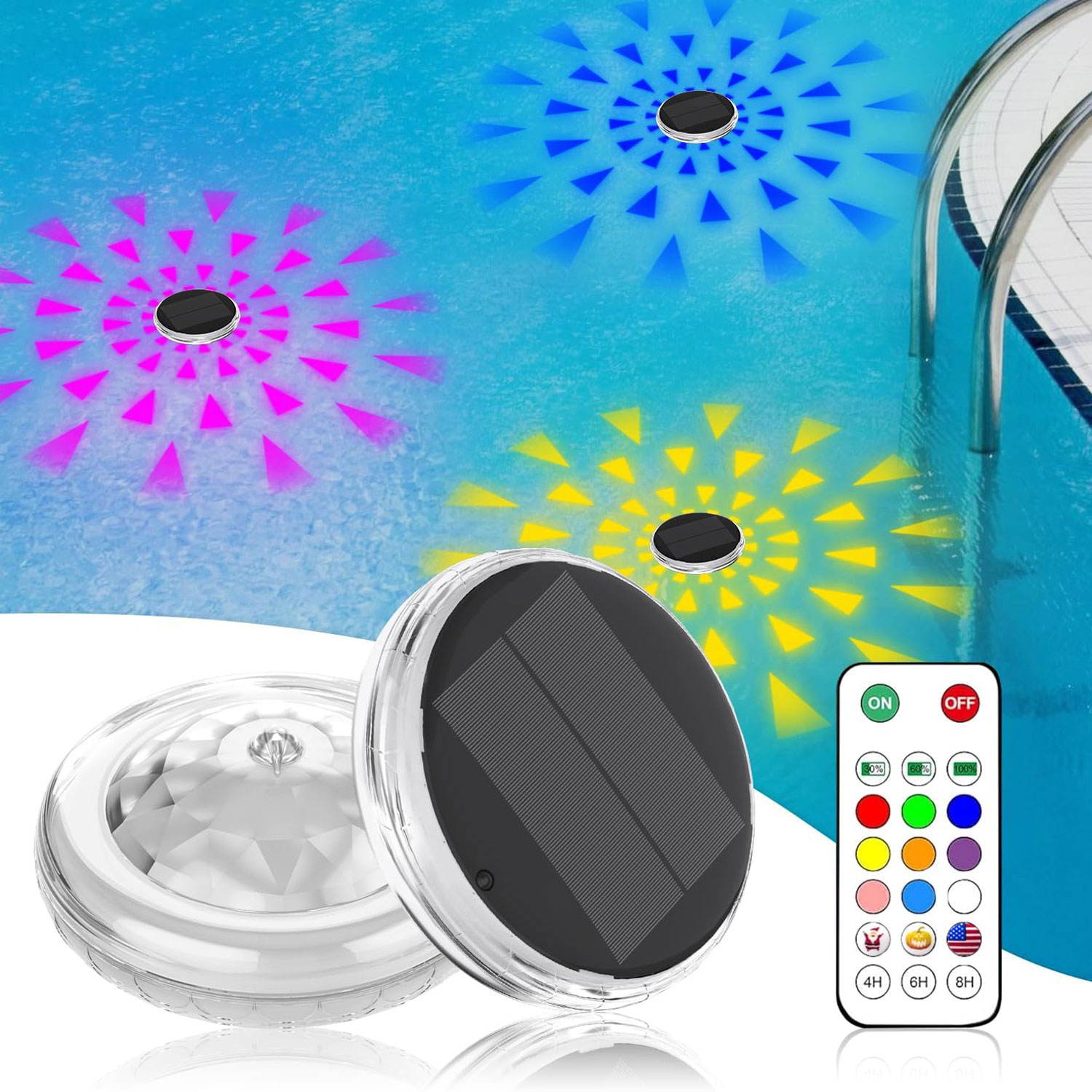 Pool Light Solar Rechargeable - ไฟสระว่ายน้ํา,ลอยแบบชาร์จพลังงานแสงอาทิตย์,ไฟสระว่ายน้ําที่ลอยด้วยรีโมทคอนโทรล,โหมด 9 โหมดจับเวลาแสง IP67 กันน้ํา