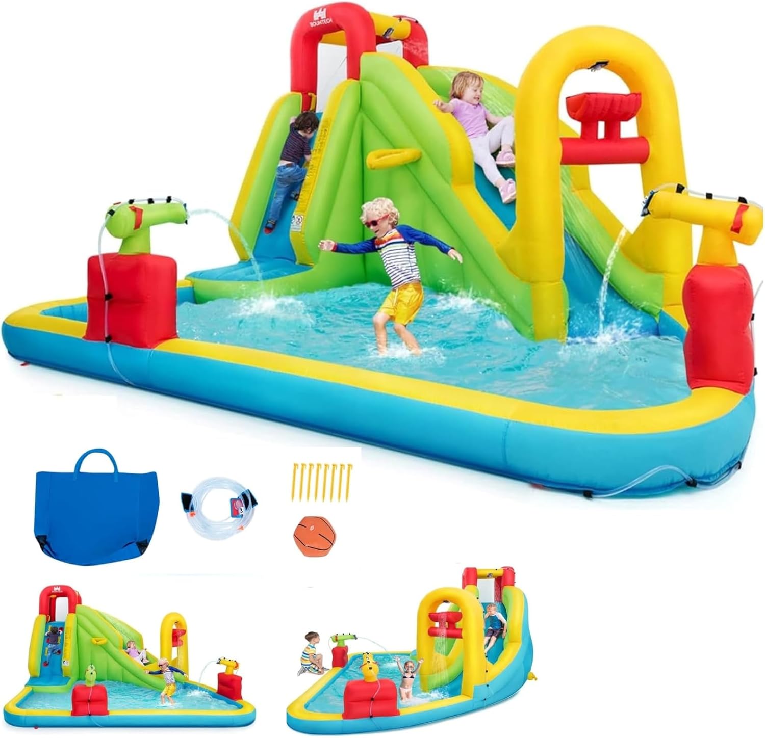 Water Slide Inflatable - เมกะสวนน้ำเป่าลมสำหรับเด็ก - สไลเดอร์น้ำเป่าลมพร้อมสระน้ำ, บассейน, และผนังปีนป่าย, ของขวัญสำหรับงานปาร์ตี้สนุกสนานกลางแจ้งสำหรับครอบครัว