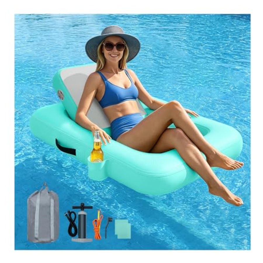 Pool Lounger Inflatable - เก้าอี้ลอยน้ำพร้อมพนักพิง เก้าอี้ลอยน้ำแบบเป่าลมสำหรับผู้ใหญ่ เก้าอี้ลอยน้ำขนาดใหญ่สำหรับสระว่ายน้ำพร้อมที่วางแก้ว แบบพกพา