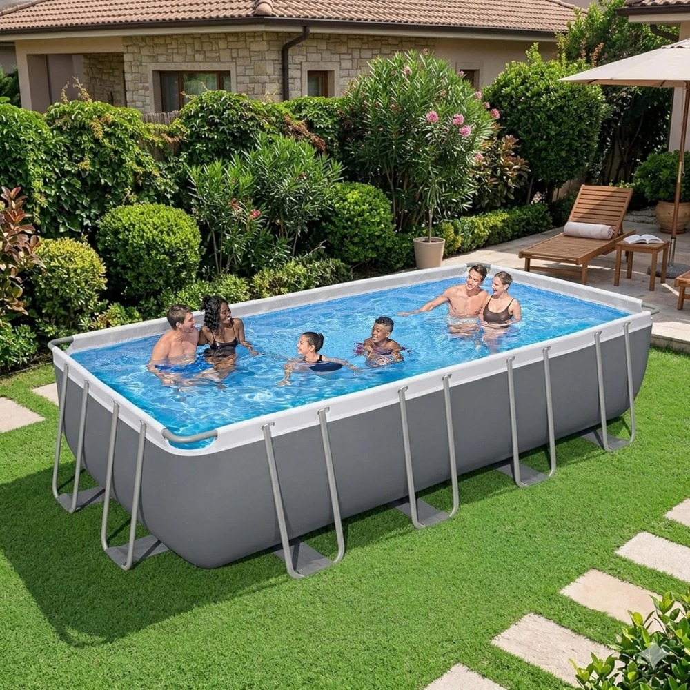 Pool Ladder Above Ground - ชุดสระว่ายน้ำทรงสี่เหลี่ยมผืนผ้าโครงเหล็กตั้งพื้นพร้อมปั๊มกรอง บันได และผ้าคลุม ขนาด 18x9x48 นิ้ว,